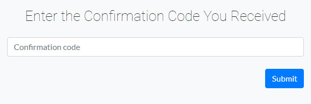 confirmation code sent modal screenshot