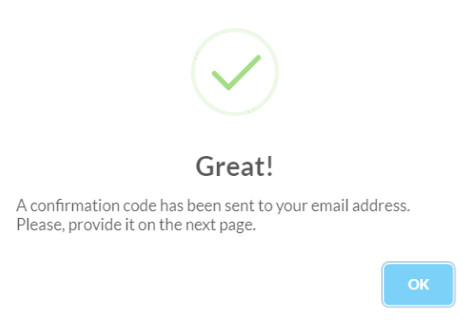 confirmation code sent modal screenshot